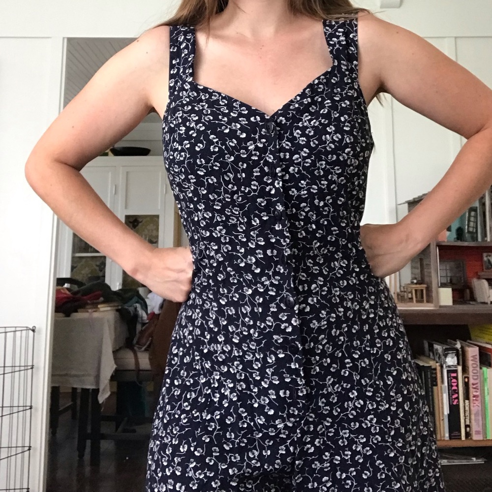 90s blue floral romper dress, button down